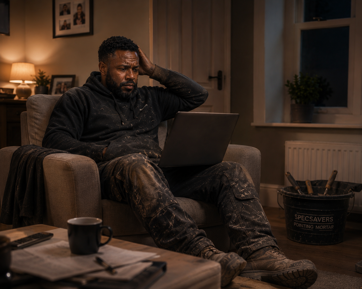 The same man sits slumped on a sofa later that evening, still in dirty work clothes, laptop open across his lap, head propped on one hand.
